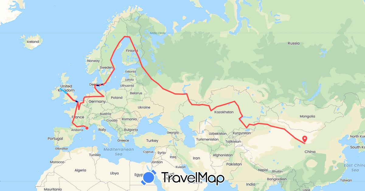 TravelMap itinerary: driving, hiking, boat in Belgium, China, Germany, Denmark, Finland, France, United Kingdom, Kazakhstan, Netherlands, Russia, Sweden (Asia, Europe)